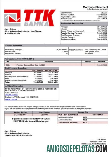 realista Modelo Word e PDF de declaração de hipoteca TTK Banka da Macedônia do Norte